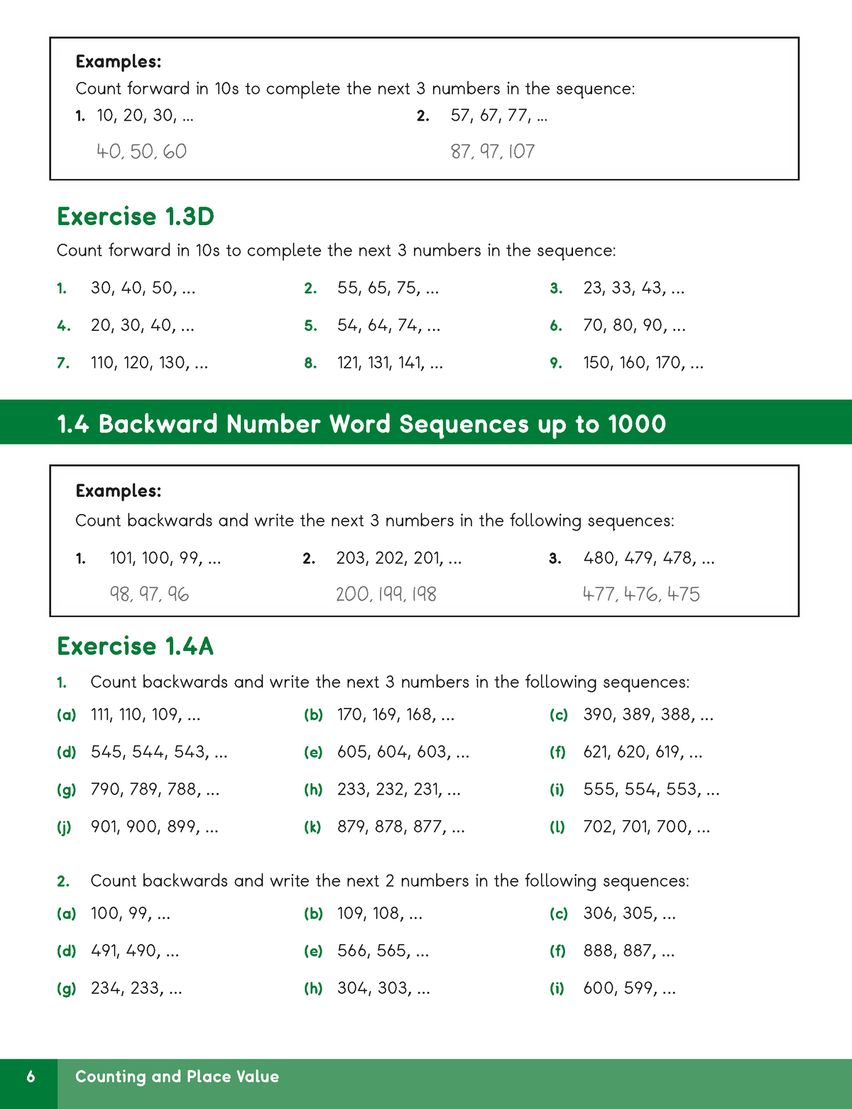 A printed educational worksheet page titled '1.4 Backward Number Word Sequences up to 1000' with boxed examples and exercise questions about counting forward and backward number sequences.