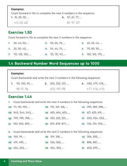 A printed educational worksheet page titled '1.4 Backward Number Word Sequences up to 1000' with boxed examples and exercise questions about counting forward and backward number sequences.