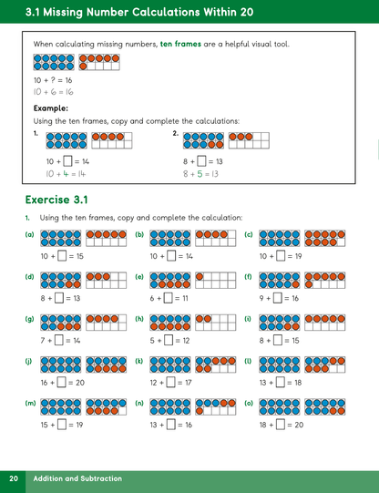 A worksheet page titled '3.1 Missing Number Calculations Within 20' showing addition and subtraction problems using blue and orange dot ten-frame visual aids on a white page with a green header bar.