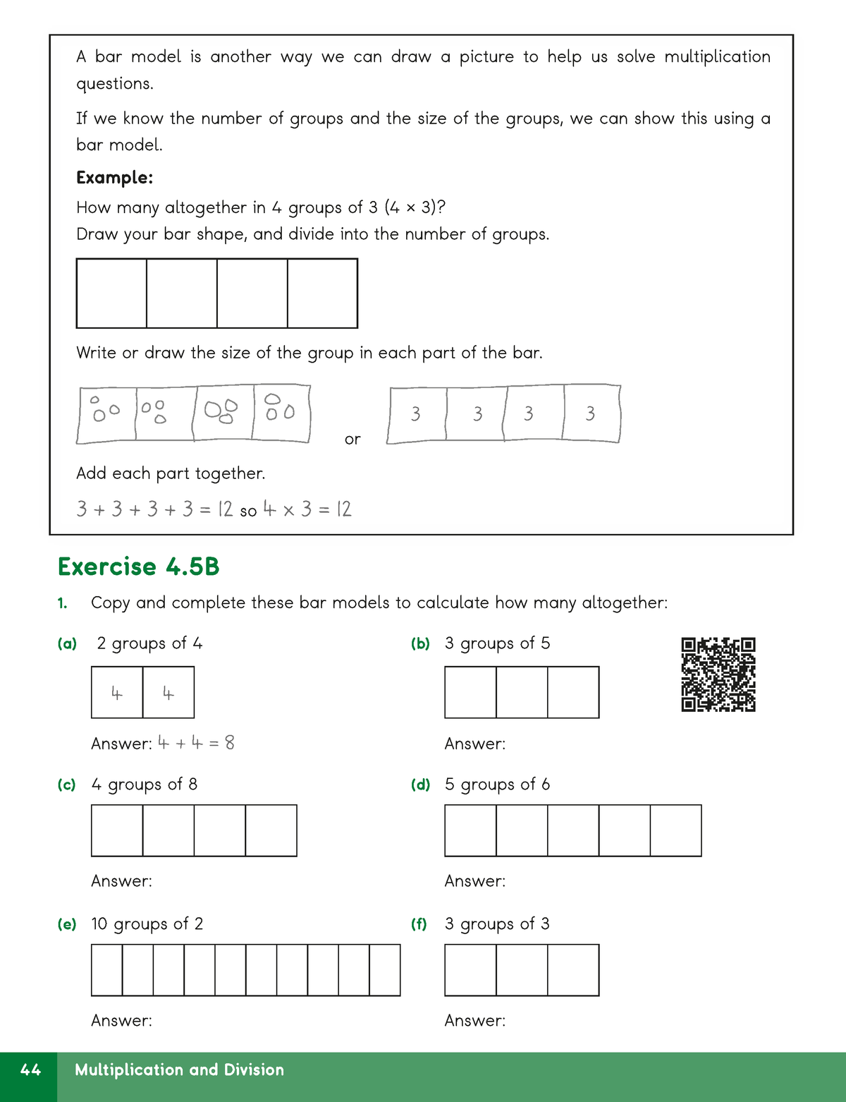 A math worksheet page titled 'Multiplication and Division' showing an example of using a bar model to solve 4 groups of 3, followed by exercise questions (e) through (f) with blank bar models and answer boxes.