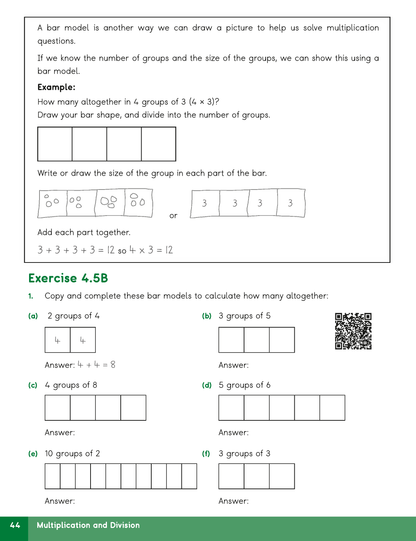 A math worksheet page titled 'Multiplication and Division' showing an example of using a bar model to solve 4 groups of 3, followed by exercise questions (e) through (f) with blank bar models and answer boxes.
