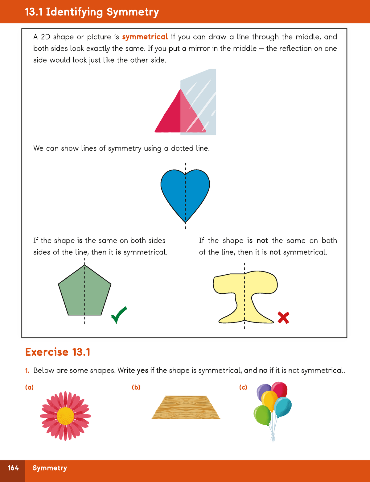 A printed educational worksheet page titled '13.1 Identifying Symmetry' with text definitions, symmetry examples using geometric shapes, and exercise images labeled (a), (b), and (c).