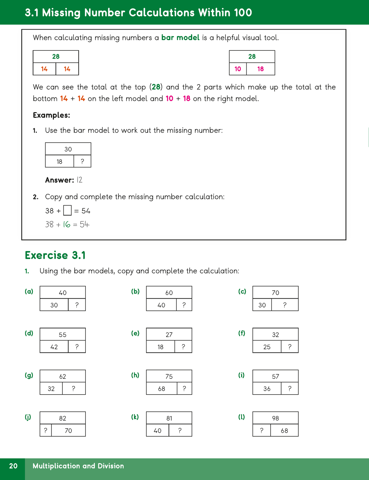 A math worksheet page titled '3.1 Missing Number Calculations Within 100' showing bar model examples and exercise questions for multiplication and division.