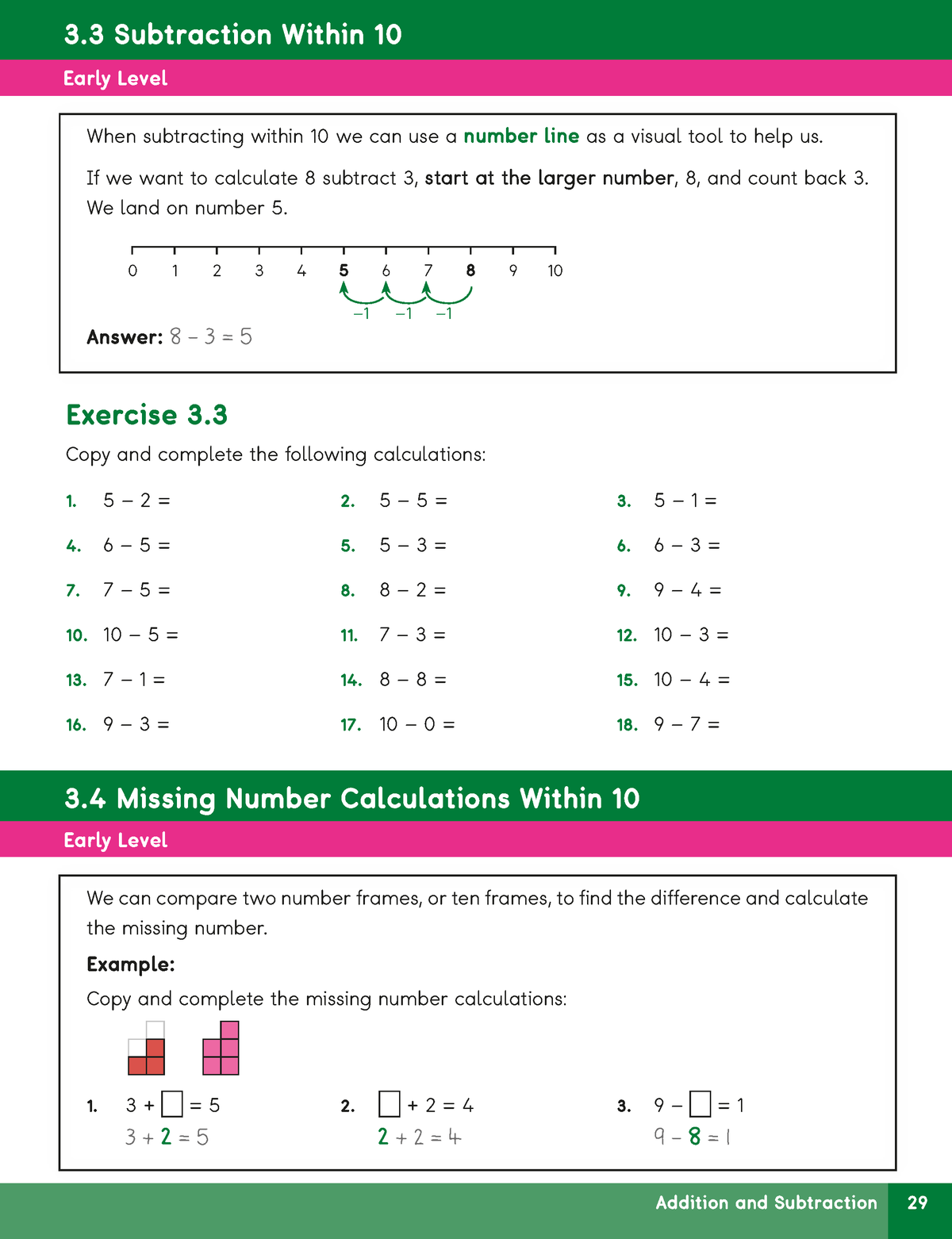 A digital preview of a math worksheet page titled 'Addition and Subtraction' showing sections '3.3 Subtraction Within 10' and '3.