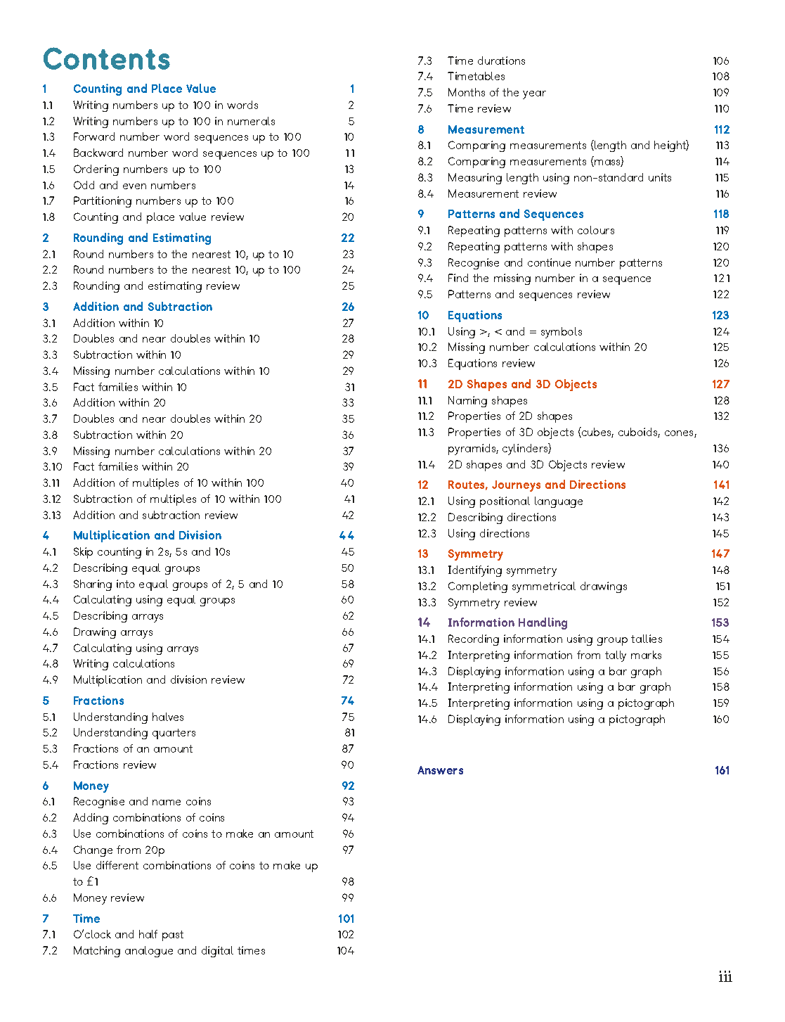 A scanned or photographed book page showing the Table of Contents from a mathematics or technical reference book, with numbered sections, page references, and a small 'Answers' box at the bottom right.