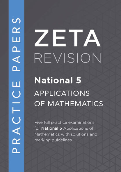 Book cover of Zeta Revision National 5 Applications of Mathematics practice papers on a gray background.