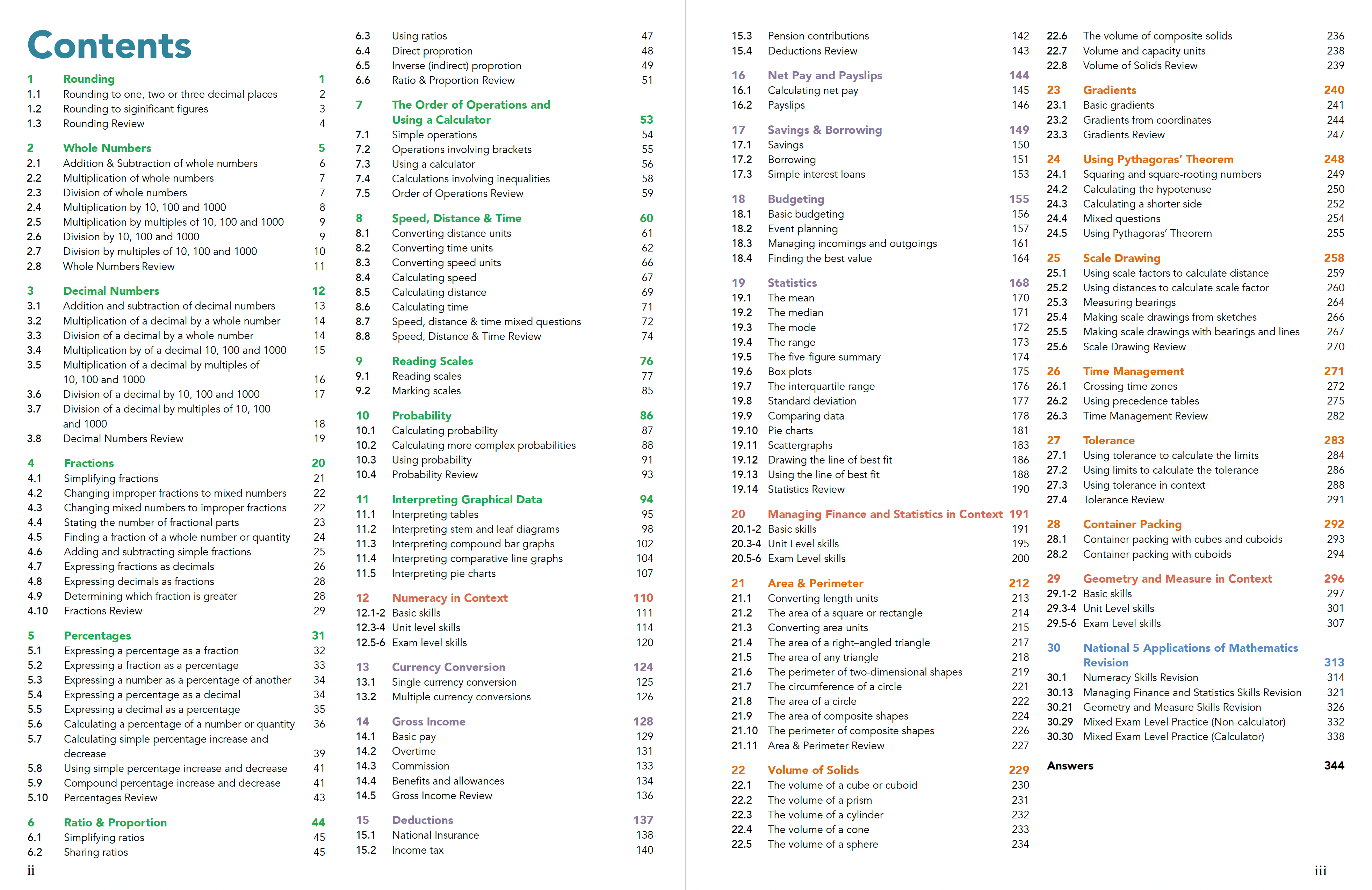 Table of contents page from Zeta Maths National 5 Applications of Mathematics Student Book displaying the full list of SQA course topics.