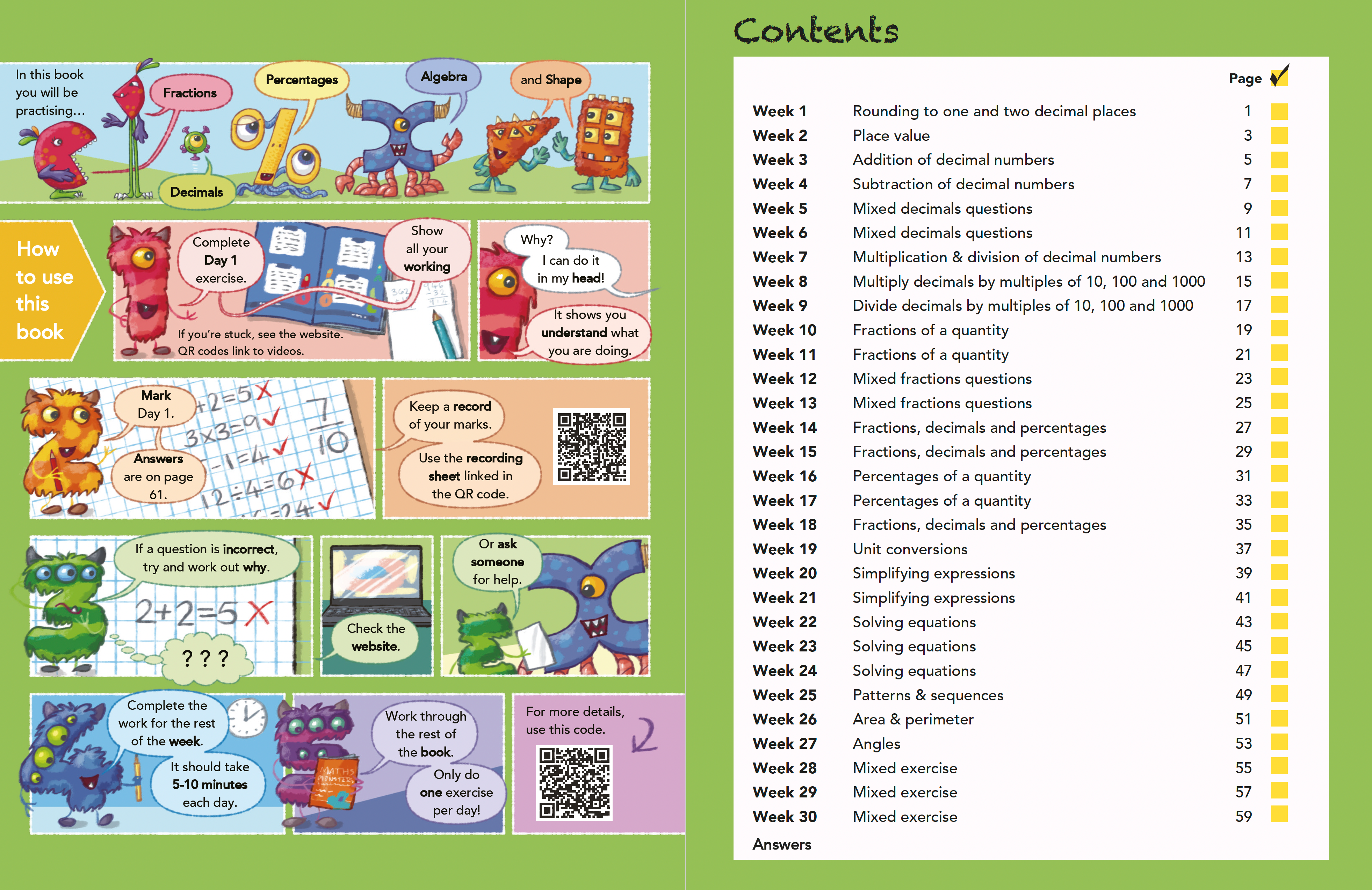 content page of 'Maths Monsters' with a green background and cartoon monster illustration.