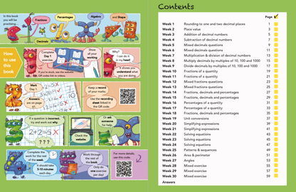 content page of 'Maths Monsters' with a green background and cartoon monster illustration.