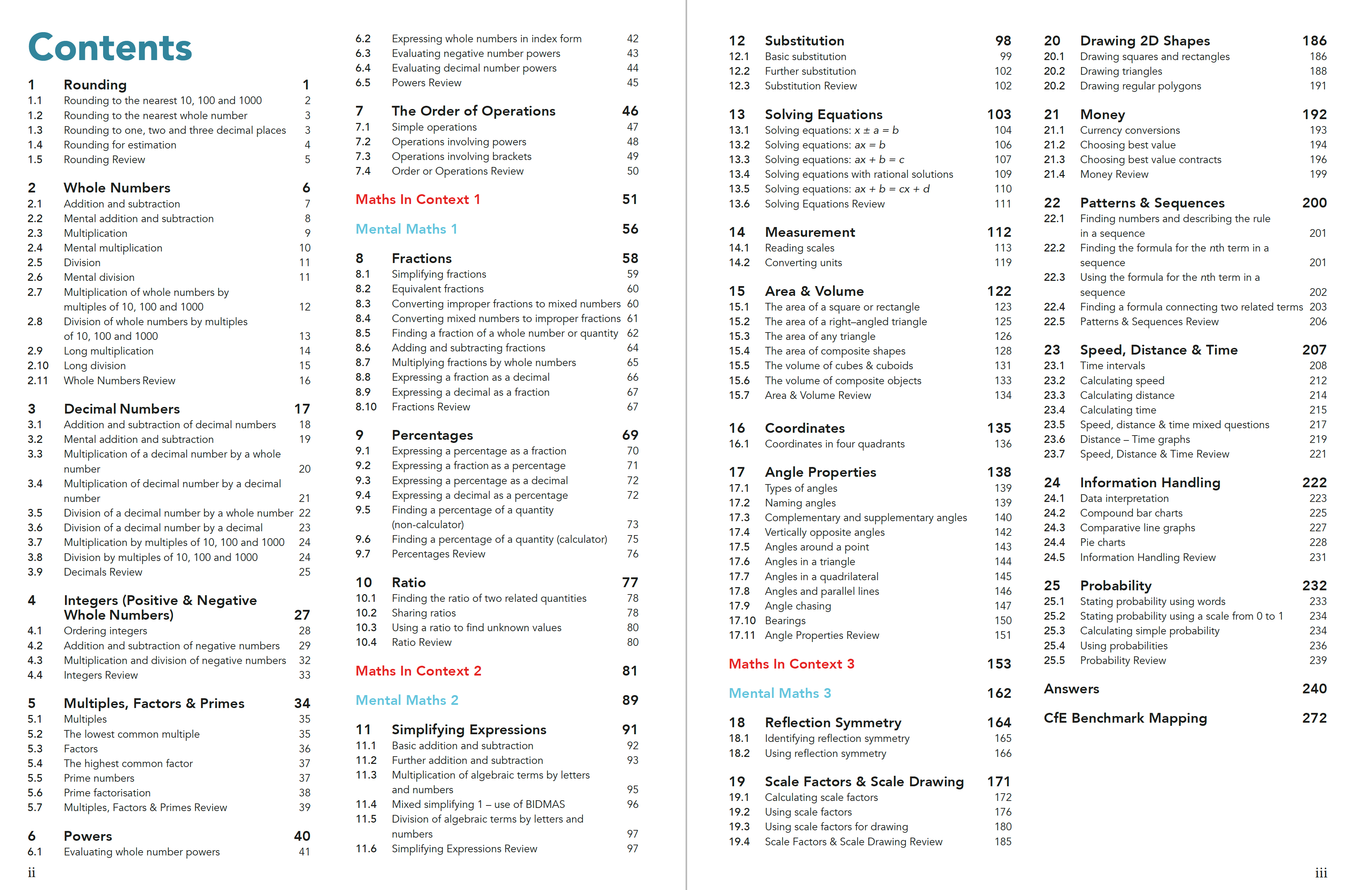 content page of CfE Third Level Maths and Numeracy Textbook for Scottish Secondary S1 to S3