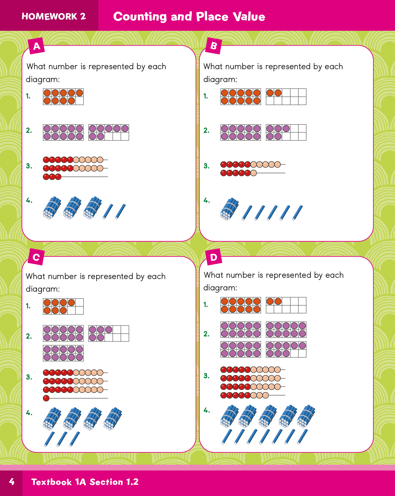 Educational worksheet on counting and place value with colorful diagrams and text.