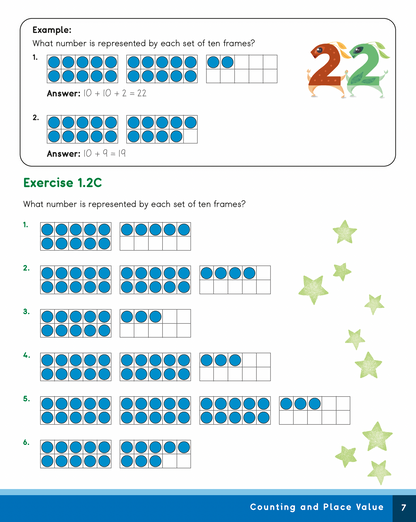 Mathematics worksheet with ten frames and number representation, featuring a dinosaur illustration.