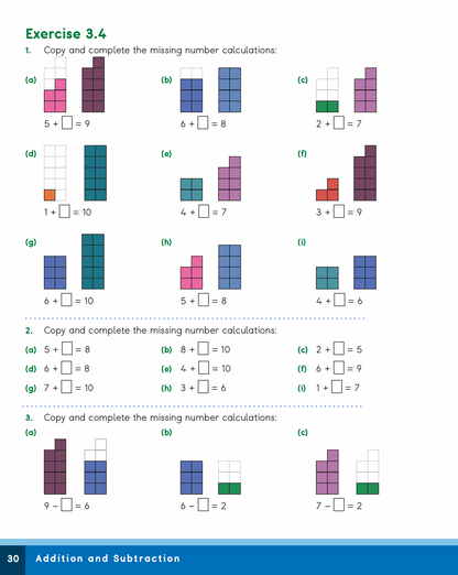 Mathematics worksheet with addition and subtraction problems using visual aids.