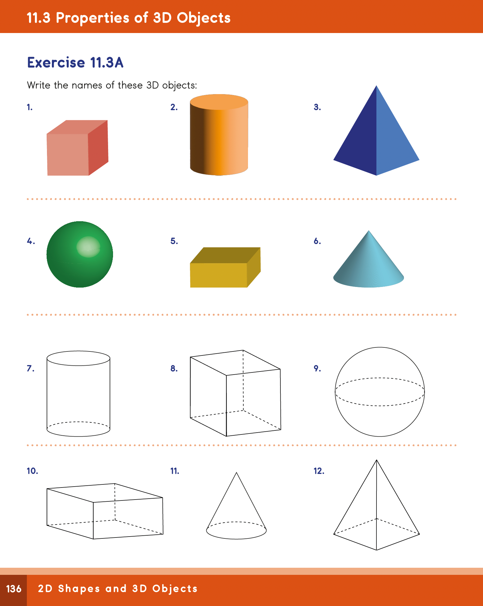 Sheet of paper with 3D geometric shapes and exercise questions on a white background.