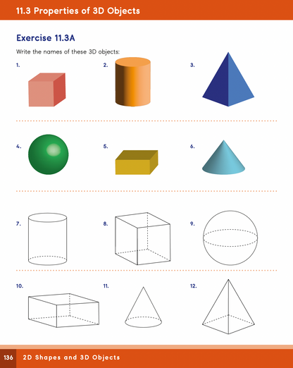 Sheet of paper with 3D geometric shapes and exercise questions on a white background.