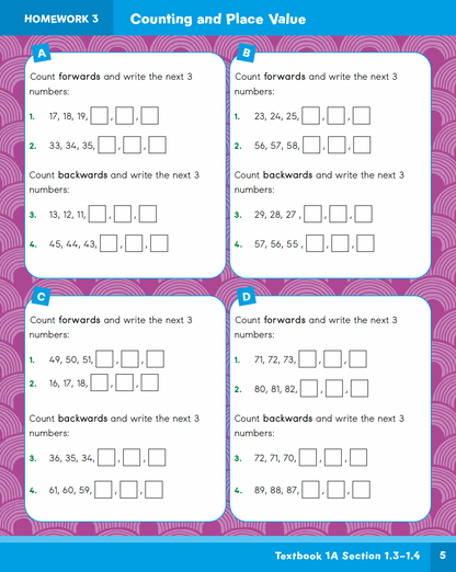 Educational worksheet for counting and place value with a purple border and text.