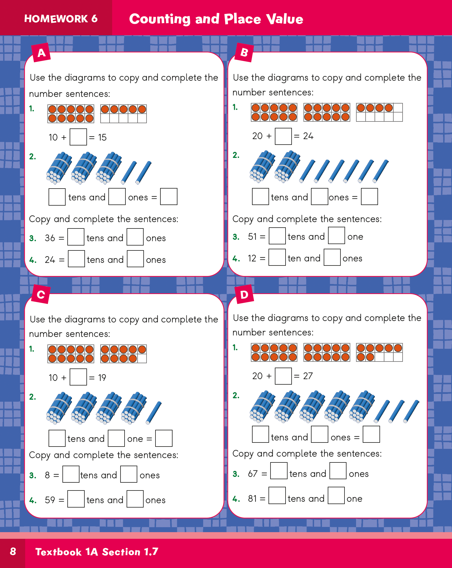 Educational math worksheet from a textbook on counting and place value.