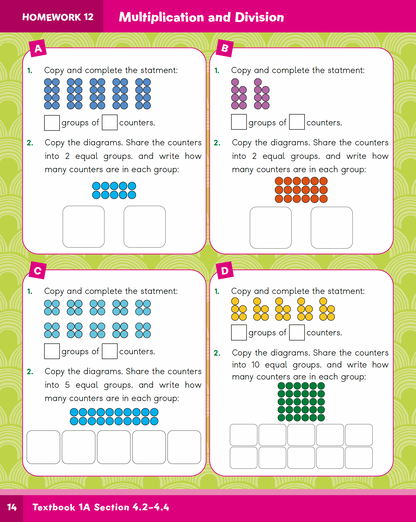 Math worksheet with multiplication and division problems on a green background