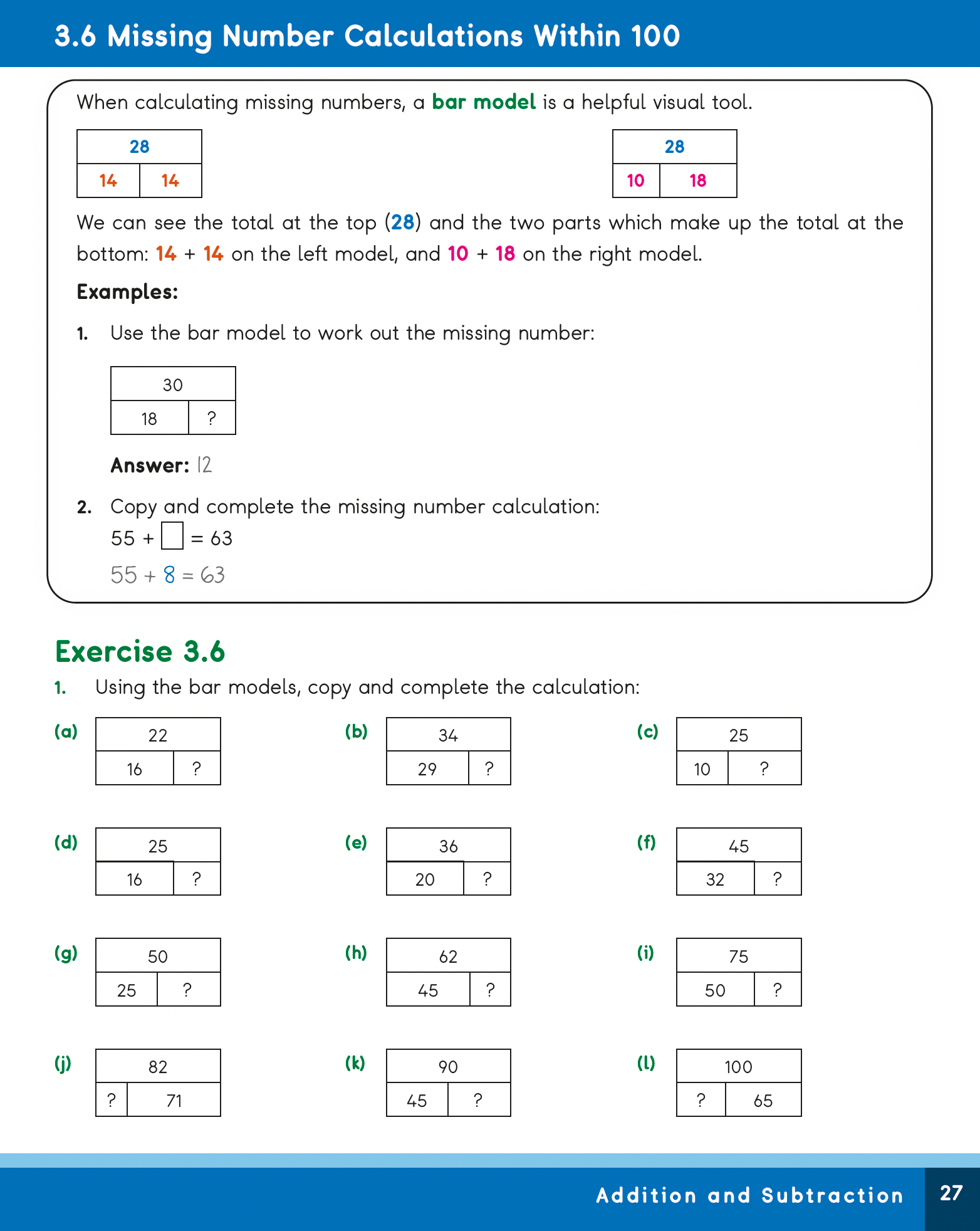 Math worksheet for missing number calculations within 100 using bar models.