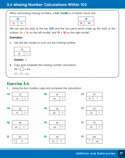 Math worksheet for missing number calculations within 100 using bar models.