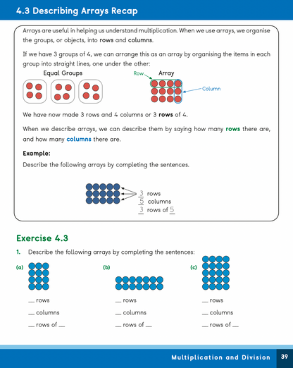 Mathematics worksheet on arrays with text and diagrams