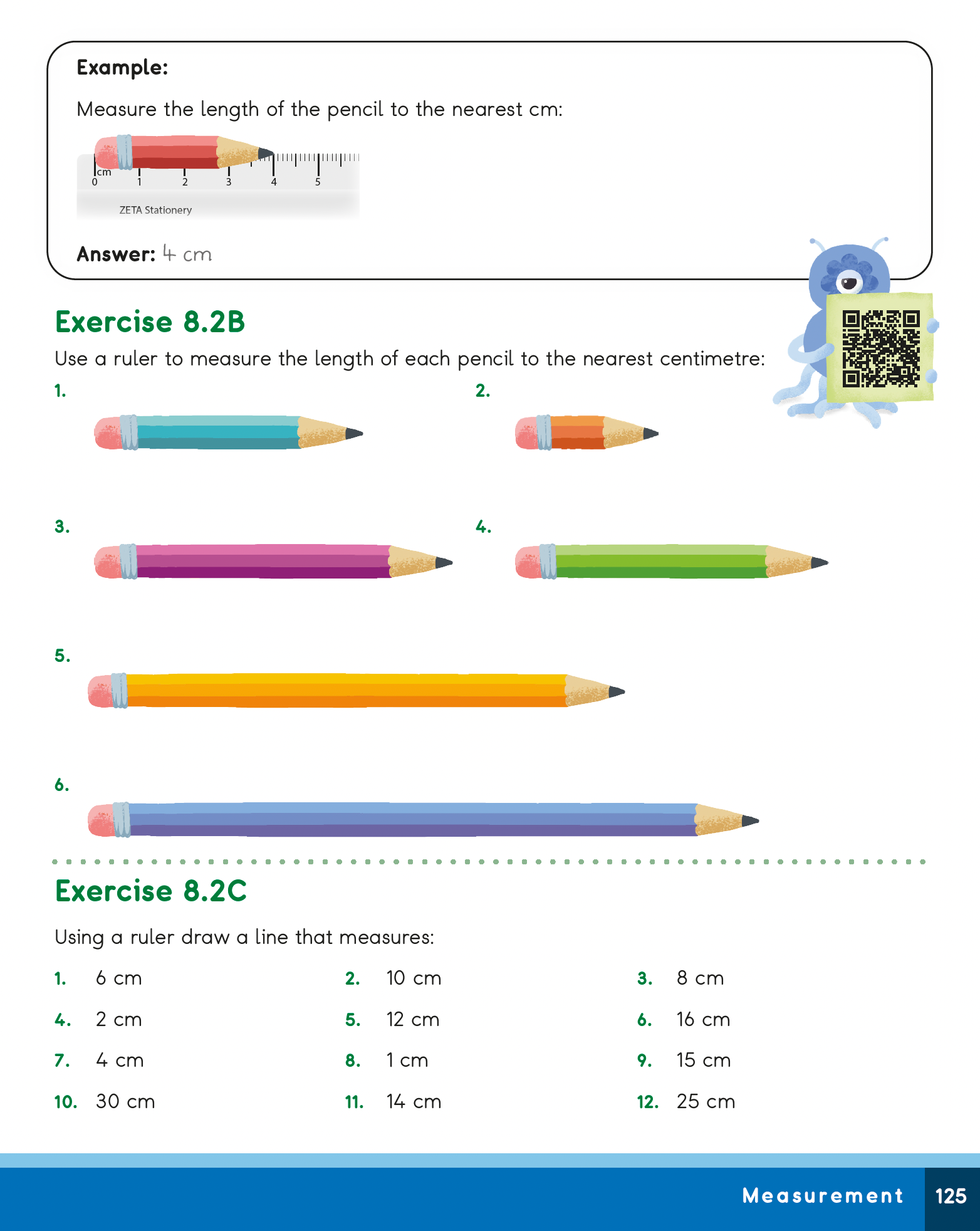 Measurement exercise with pencils and ruler on a worksheet