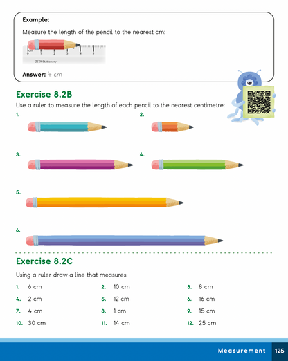 Measurement exercise with pencils and ruler on a worksheet