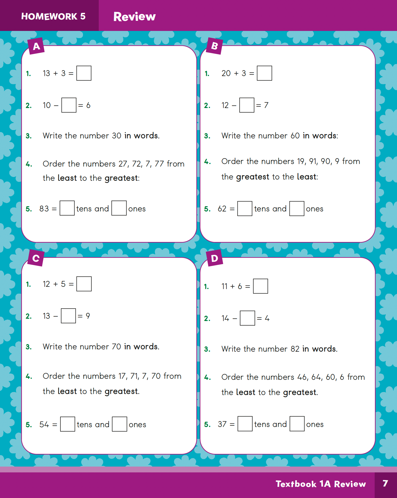 Mathematics worksheet with problems and answers on a blue and purple background