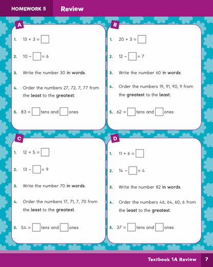 Mathematics worksheet with problems and answers on a blue and purple background