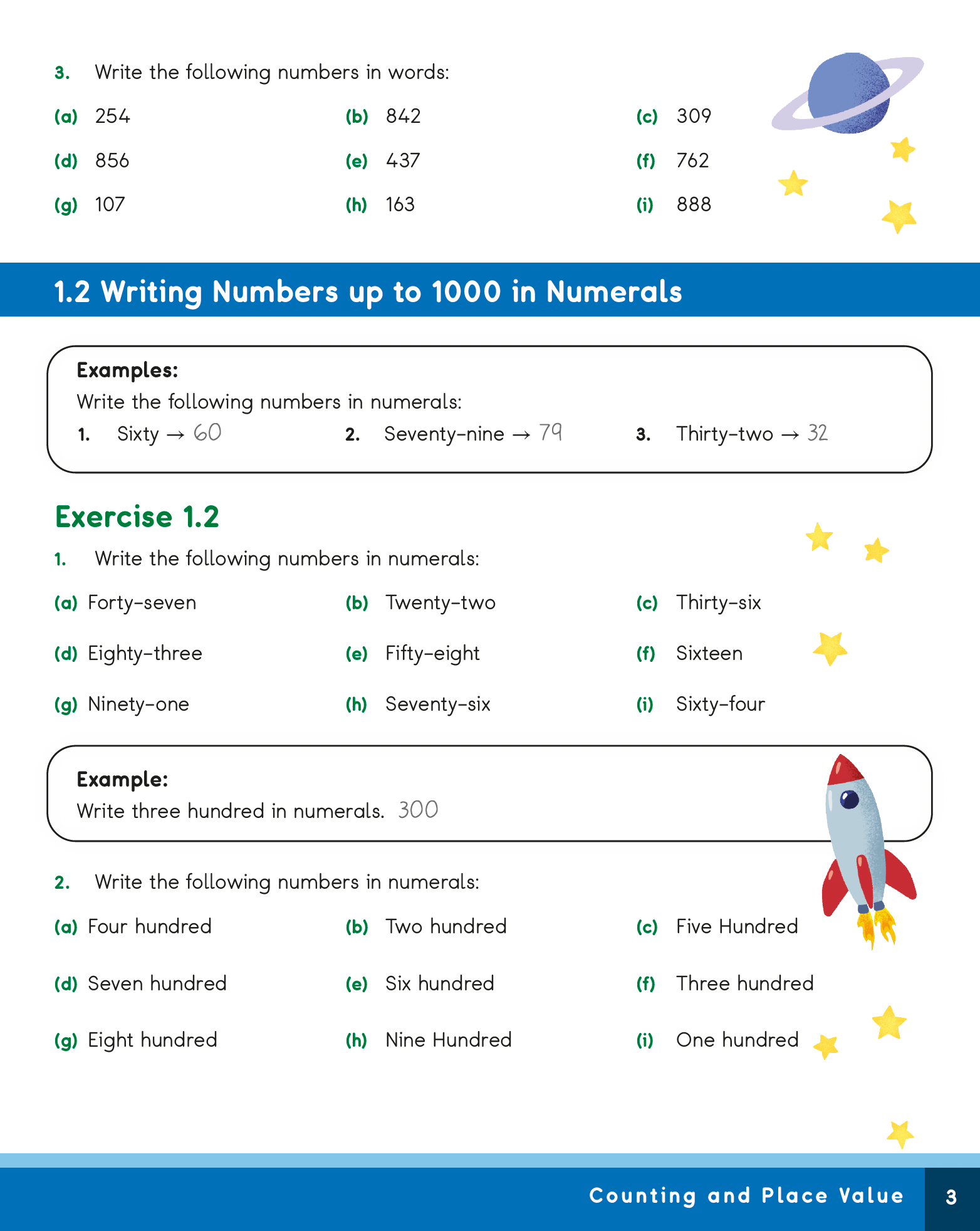 Math worksheet for writing numbers up to 1000 in numerals with examples and exercises.
