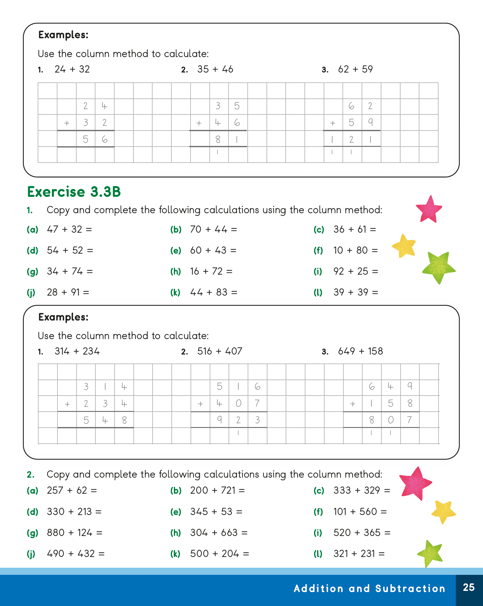 Math worksheet with column method examples and exercises on addition and subtraction.