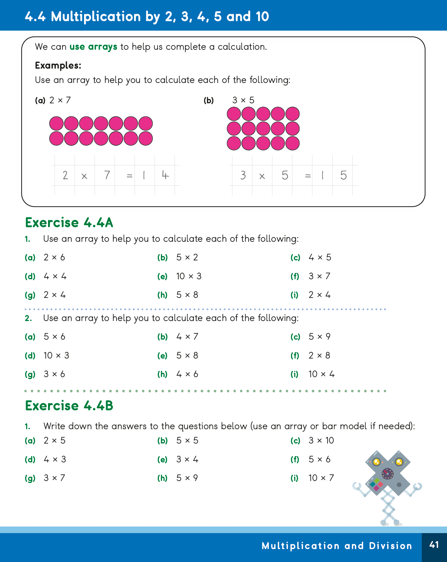 Mathematics worksheet on multiplication using arrays with examples and exercises.