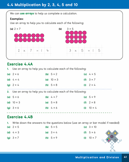 Mathematics worksheet on multiplication using arrays with examples and exercises.