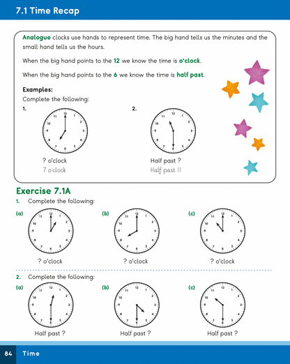 Educational page about analog clocks with examples and exercises on a blue background.