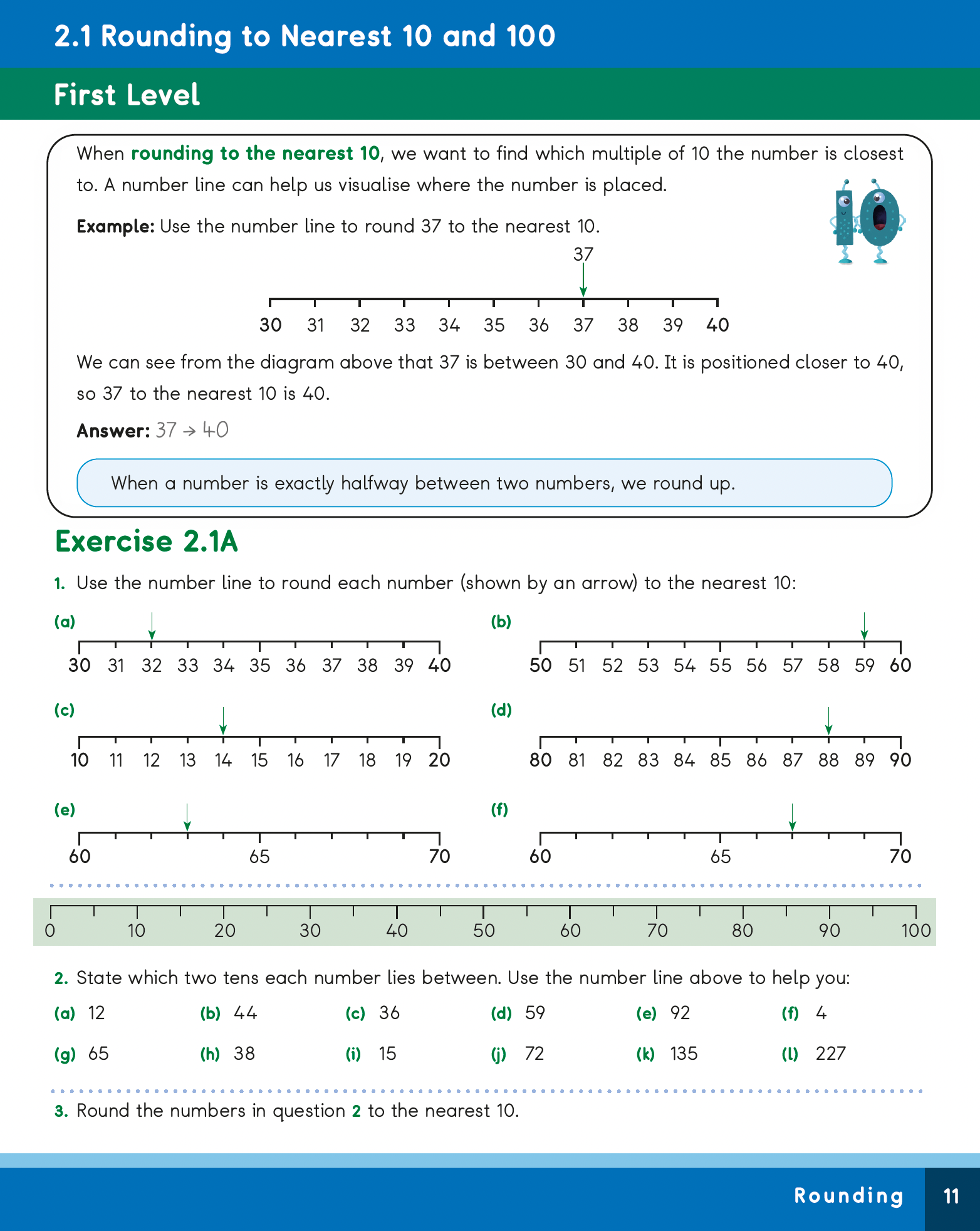 Mathematics worksheet on rounding to the nearest 10 and 100 with number lines and examples.