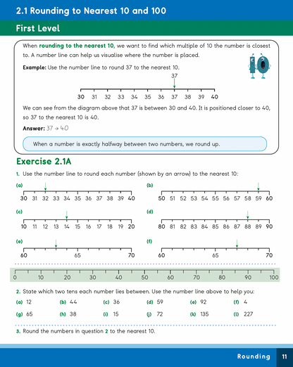 Mathematics worksheet on rounding to the nearest 10 and 100 with number lines and examples.