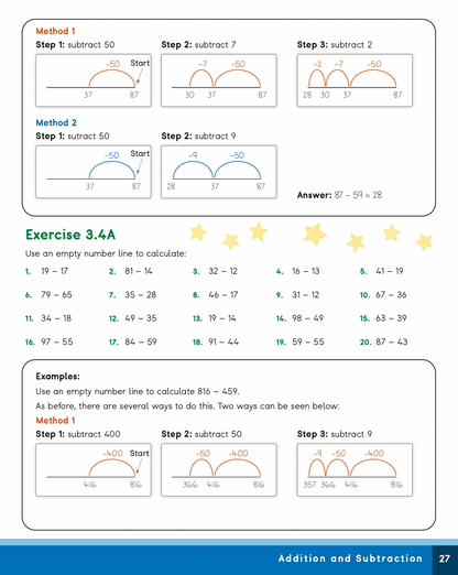 Math worksheet with addition and subtraction problems and solutions.
