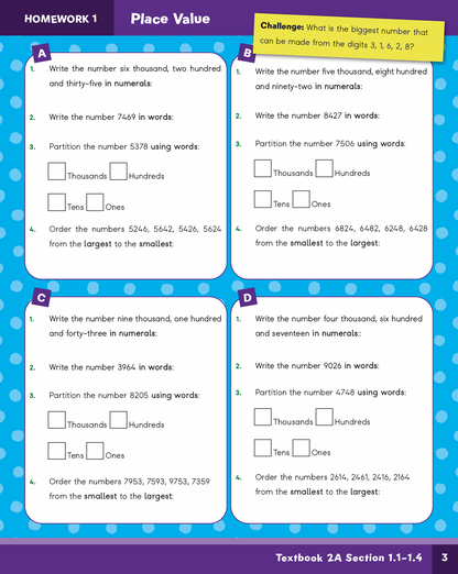 Math homework worksheet with place value exercises on a blue background