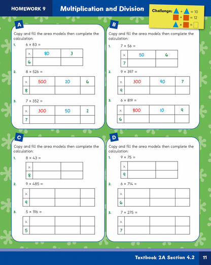 Mathematics worksheet with multiplication and division problems on a green background