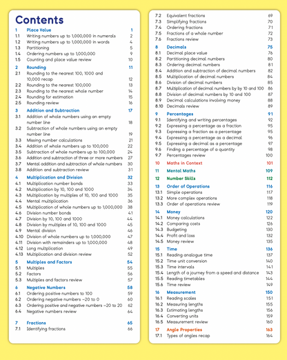 Table of contents for a mathematics curriculum on a yellow background