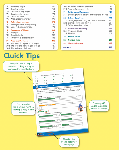 Educational book with quick tips and QR codes on a yellow background
