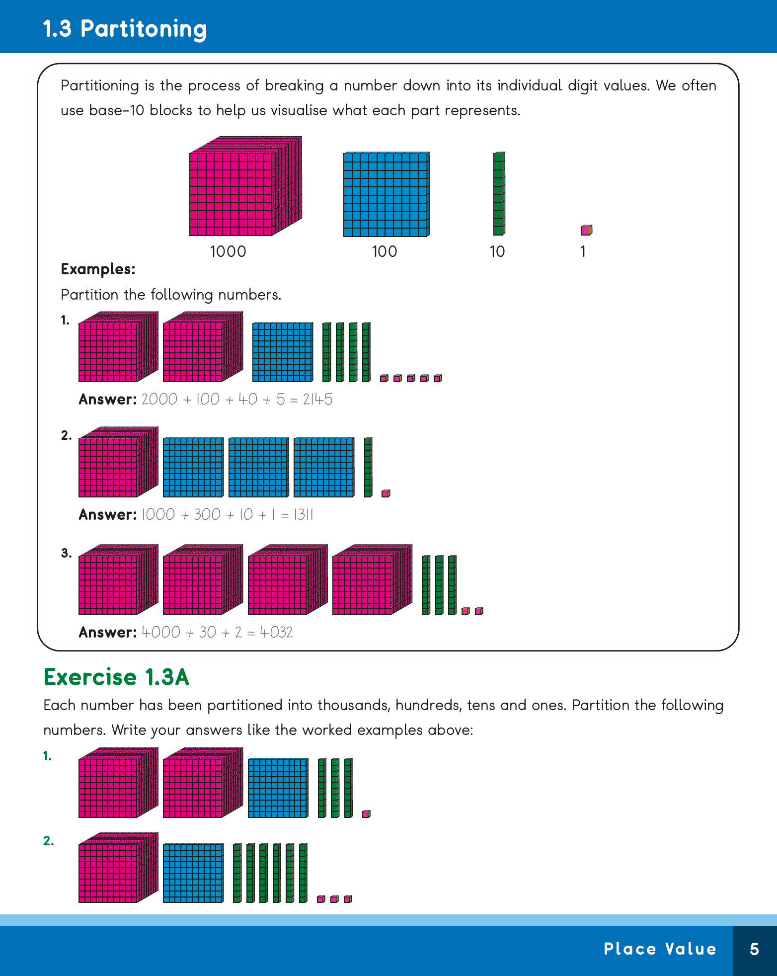 Mathematics worksheet on partitioning numbers using base-10 blocks.