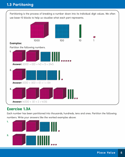 Mathematics worksheet on partitioning numbers using base-10 blocks.