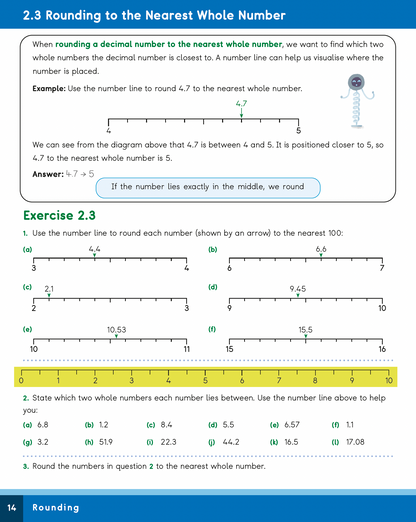 Math worksheet on rounding decimal numbers to the nearest whole number with a number line illustration.