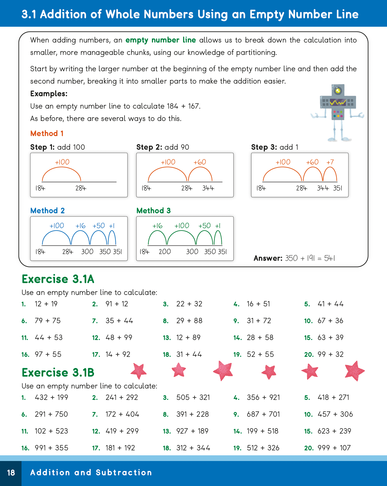 Math worksheet on adding whole numbers using an empty number line with step-by-step instructions and examples.