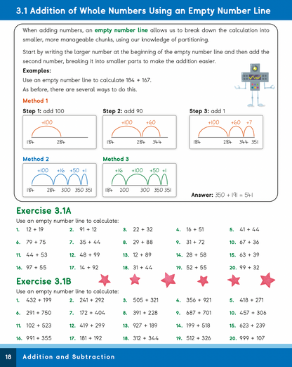 Math worksheet on adding whole numbers using an empty number line with step-by-step instructions and examples.