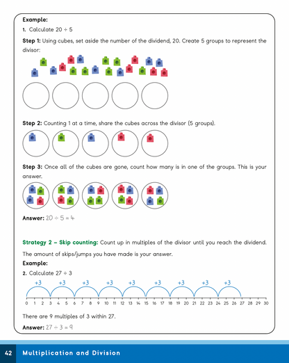 Mathematics worksheet explaining multiplication and division with visual aids and text instructions.