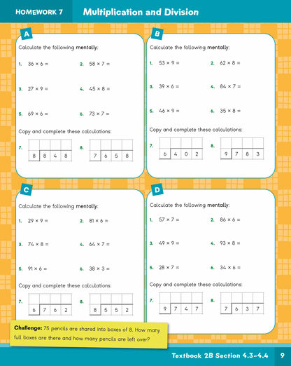 Mathematics workbook page with multiplication and division exercises on a grid background.
