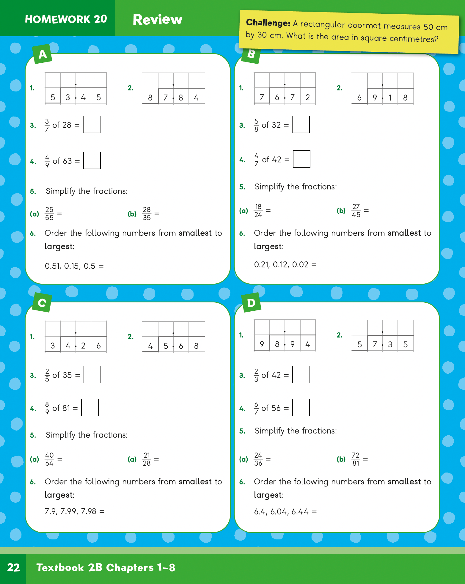Mathematics worksheet with various problems and calculations on a blue and green background.