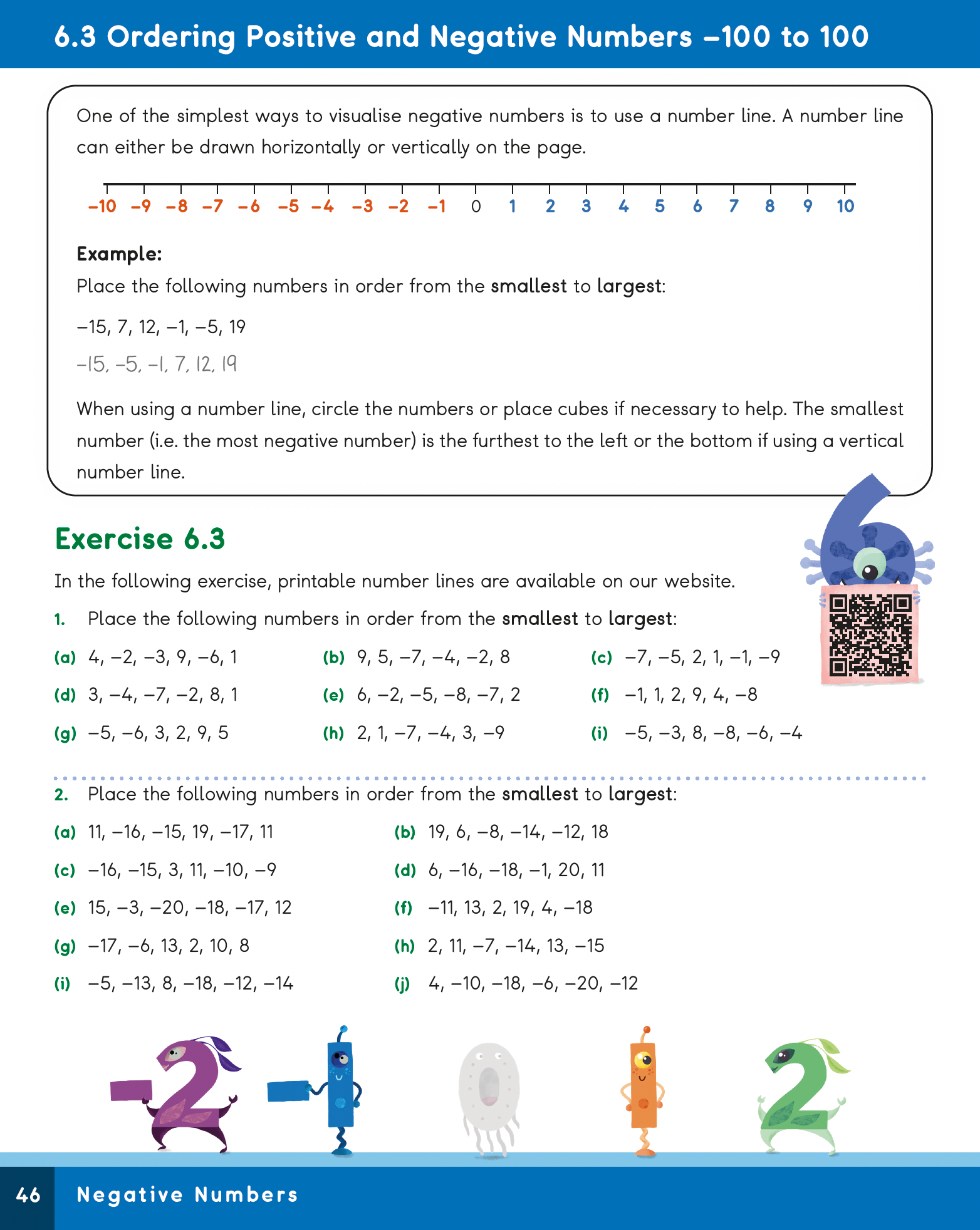 Mathematics worksheet on ordering positive and negative numbers from -100 to 100, featuring a number line and exercises.